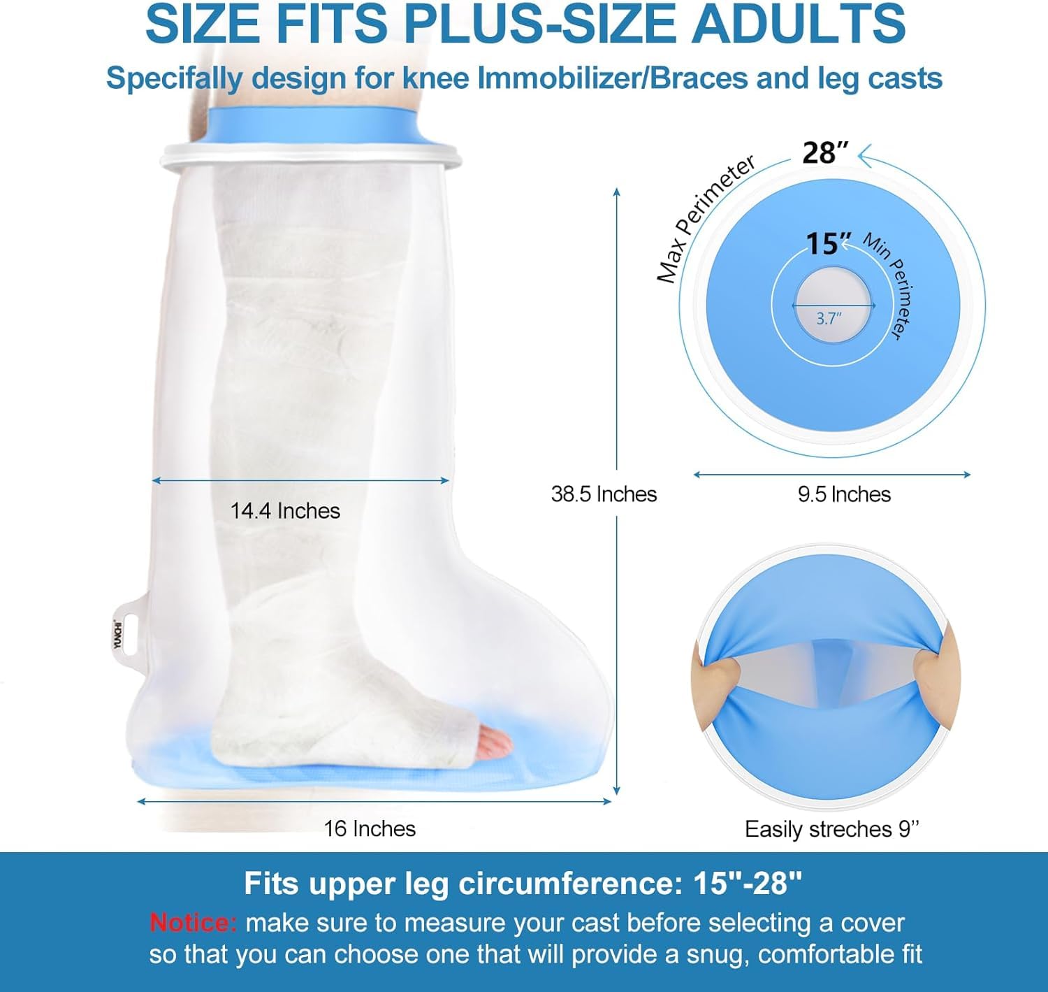 YUNCHI Upgraded Extra Wide Full Leg Cast Cover for Shower after Knee Surgeries with Non-Slip Bottom for Leg Wounds, Bandage, Large Cast, Knee Immobilizer/Brace, Walking Boots, Reusable