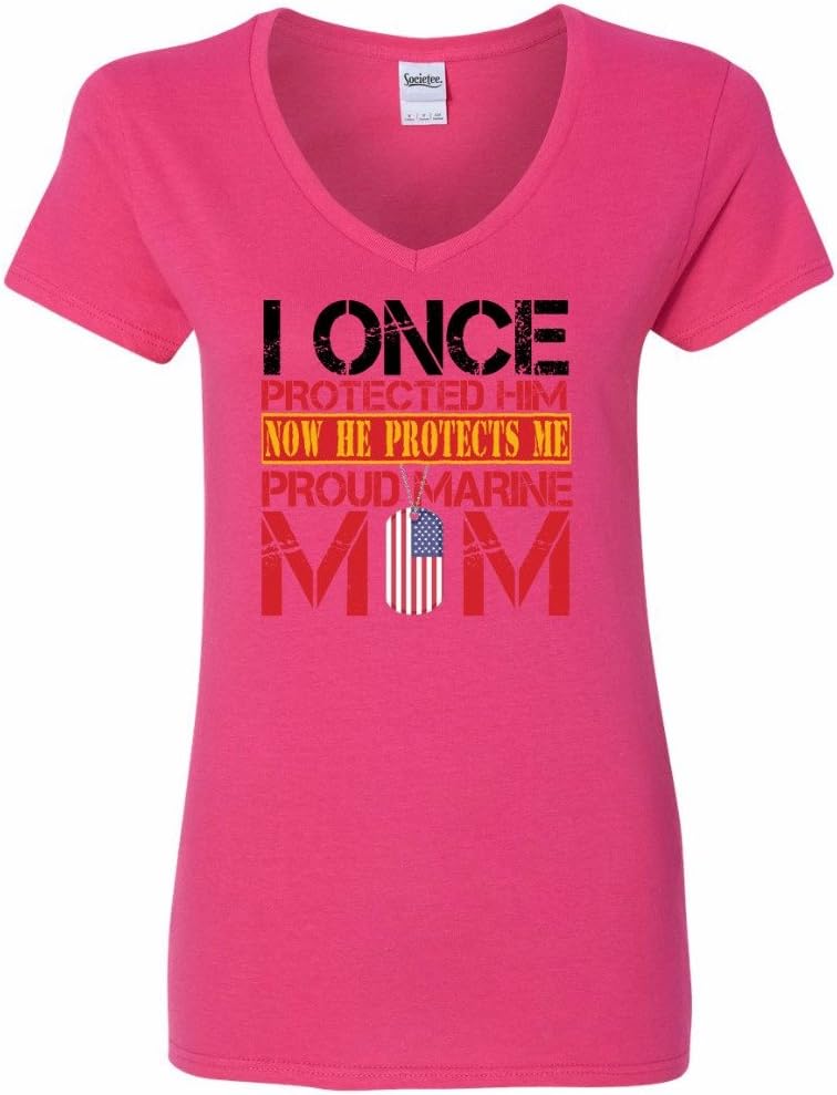 Proud Mother of her Marine Son I Once Protected Him, Now He Protects me, Proud Marine Mom - Women's V-Neck T-Shirt