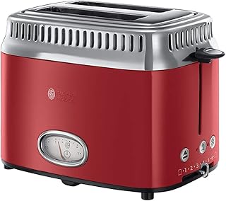 Russell Hobbs Toaster Retro Rot 21680-56 (1300W, Countdown-Anzeige im Retrodesign, Brötchenaufsatz, 6 einstellbare Bräunungsstufen + Auftau-& Aufwärmfunktion, Schnell-Toast-Technologie)