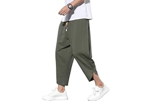 DOSLAVIDA Men's Casual Elastic Waist Linen Capri Pants Wide Leg Baggy Cotton Harem Yoga Trousers Loose Patchwork Short