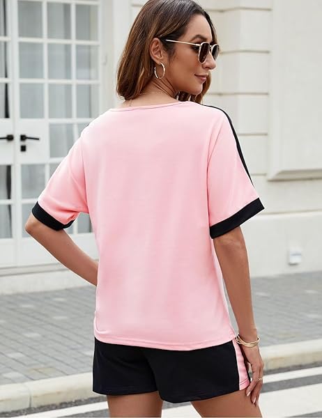 CICIBIRD WOMEN CASUAL 2 PIECES OUTFITS SUMMER MATCHING LOUNGE SET COMFY SWEATSUIT JOGGER SETS SHORT SLEEVE TOP AND SHORTS WITH POCKETS PINK XL