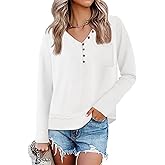 Tankaneo Womens V Neck Henley Shirts Casual Long Sleeve Flowy Tees Cute Loose Fit Tops with Pocket
