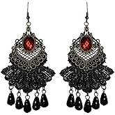 Gothic Lace Earrings for Women,Vintage Red Black Gemstone Dangle Drop Earring Statement Punk Style Tassel Earrings Victoria Dark Costume