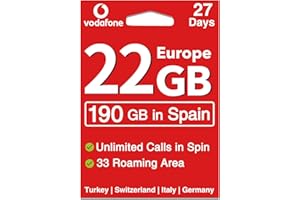 giffgiss Vodafone Europe Prepaid SIM Card 22GB Data in 33 Countries (Spain 190 GB+Unlimited Calls) Supported Mobile Hotspot Travel Use in UK Switzerland Turkey Italy for 27 Days Cell Phone
