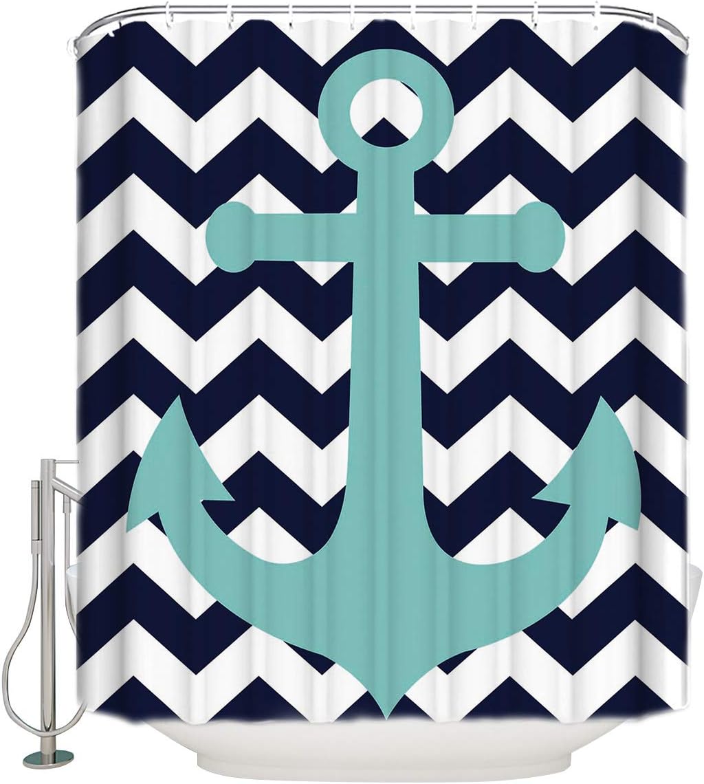Shower Curtain, Nautical Anchor Zigzag Chervon Waterproof Fabric Bath Curtains with