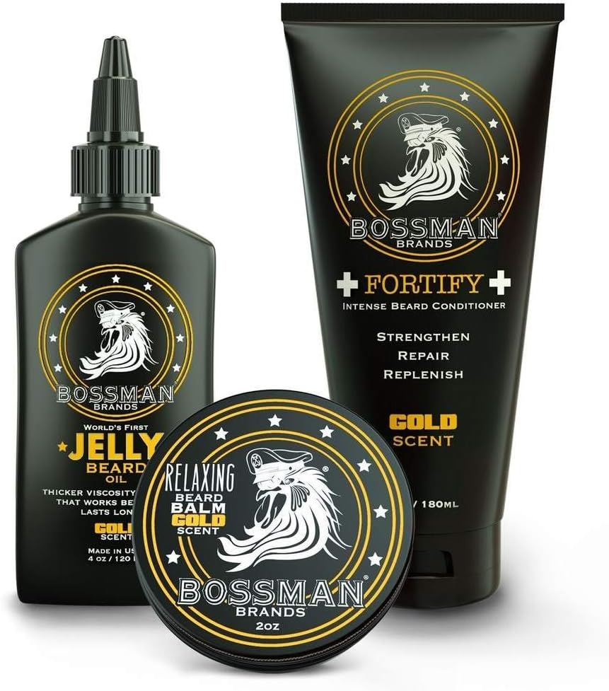 Bossman Essentials Beard Kit - Made in USA - Jelly Beard Oil - Conditioner - Beard Balm - Natural Ingredients (Gold Scent)