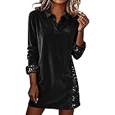 Sequin Dress for Women Long Sleeve Velvet Sparkly Dresses Midi Collared Neck Holiday Party Homecoming Casual