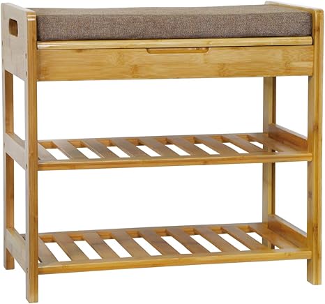 Amazon Com C Ahome 3 Tier Shoe Rack Bench Entryway Storage Shelf Holds Up To 240lbs Bamboo Shoe Organizer 20 5 L X 11 6 W X 19 3 H Comfort Style With Cushion For Living Room Corridor