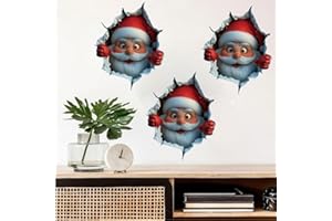 12X 10" Large Santa Claus Christmas Wall Stickers,3D Visual Break-The-Wall Santa Claus Wall Decal,Removable Winter Holiday Xm