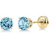 Gem Stone King 14K Yellow Gold Swiss Blue Topaz Stud Earrings for Women | 2.40 Cttw | Gemstone November Birthstone | Round 6.5MM