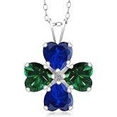 Gem Stone King 925 Sterling Silver Blue Created Sapphire and Green Nano Emerald 4 Heart Shape Gemstone September Birthstone Pendant Necklace For Women (2.96 Cttw, 6MM Heart, with 18 Inch Silver Chain)