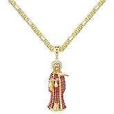 14k Yellow Gold La Santa Muerte Necklace For Women And Men - Holy Death's Pendant Necklaces, Santa Muerte Pendant With Chain, Holy Saint Death Religious Jewelry Gift