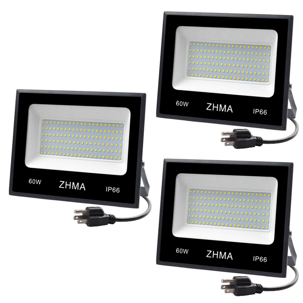 Photo 1 of ZHMA 3 Pack 60W LED Flood Light with Plug(Warm White),6000lm Super Bright Security Lights, IP66 Waterproof Outdoor Landscape Floodlight for Back Yard, Garden, Playground