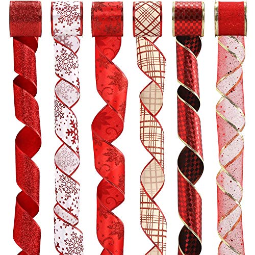 Sea Team 12-Pack Swirl Wired Glitter Ribbons for Christmas Decoration, 2.36-Inch by 3-Yard Spool, Red