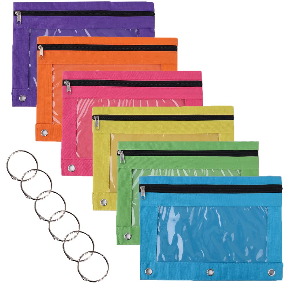 TOPTIE 6 Pack 3 Ring Binder Pencil Pouch, Zipper Stationery Bag with Clear Window for Office Supplie Multicolor