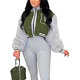 KANSOON Varsity Jacket Women Faux Fur Sleeve Cropped Baseball Jacket Button Up Casual Patchwork Letterman Coat
