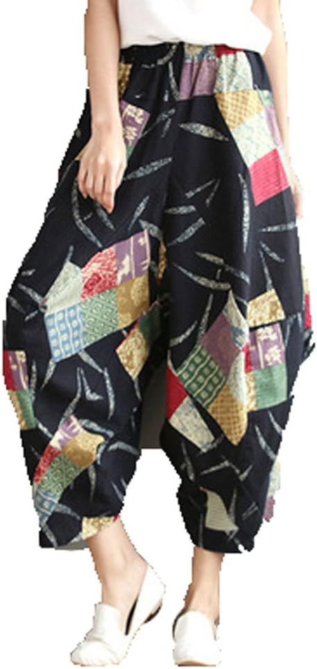 Dinier Women Baggy Loose Drop-Crotch Elastic Waist Cotton Linen Harem Pants Women Summer Floral Checkered Basic Casual Trousers One Size