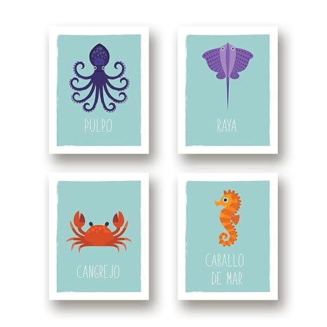 Ocean Animals Nursery Decor Spanish Language Set Of Four 11x14 Prints Octopus Seahorse Crab Stingray Kids Art For Bedrooms Playrooms Or