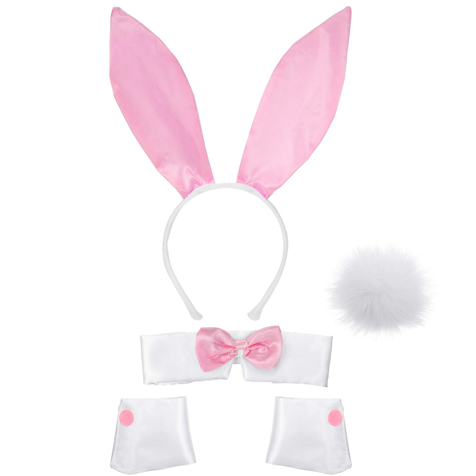 Women's Bunny Costume Set Rabbit Ear Headband Collar Bow Tie Costume Cuffs Rabbit Tail for Halloween Christmas Costume Cosplay Party (Pink and White)