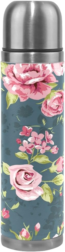 COOSUNClassic Vintage Flower Pattern Stainless Steel Thermos Water Bottle Vacuum Insulated Cup Leak Proof Double Vacuum Bottle, PU Leather Travel Thermal Mug,17 oz