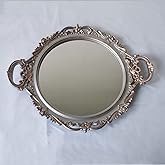 Yash YANIZU Decorative Mirror Tray, Round with Handles, Organizer for Perfume, Makeup, Jewelry, Vintage Display and Serving Tray for Dresser, Counter and Coffee Table, 15.8' x 13', Golden Silver