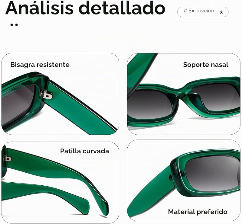 Gafas de sol retro de la Sra. gafas de protección de conducción retro marco cuadrado estrecho protección uv400 (Marco verde transparente/lente degradada gris) — foto 5 de 6