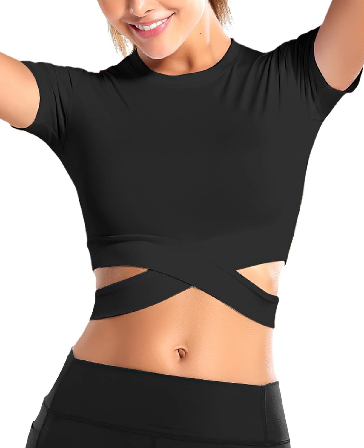 Workout Crop Tops for Womens Tummy Cross Crew Neck Yoga Tops for Gym