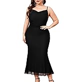 CYCLAMEN Plus Size Mesh Mermaid Dress Ruched Spaghetti Strap Fitted Sleeveless Cami Dresses Cocktail Party Wedding Guest