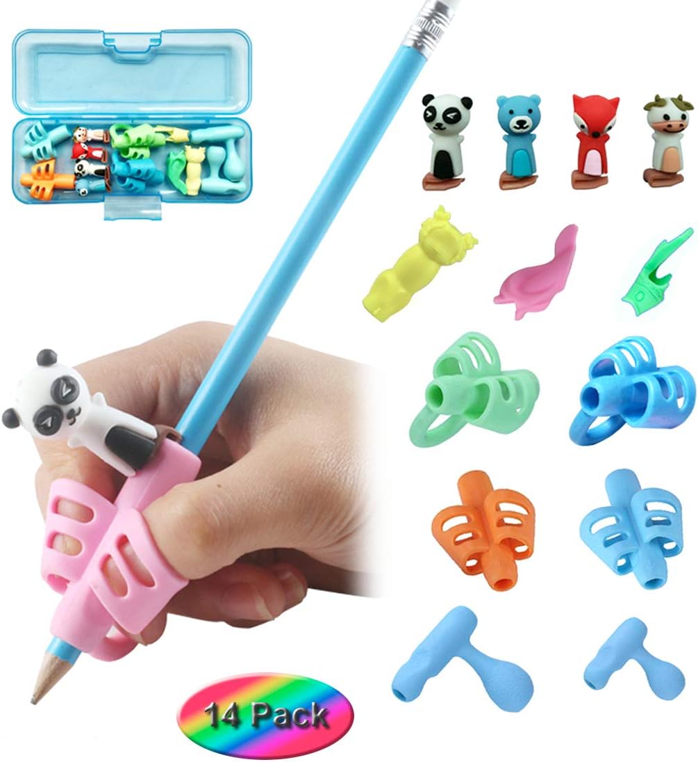 Pen Writing Grips for Kids Handwriting Aid Grips Pencil Writing Aid Grips for Kids 6-Stage Writing Posture Correction Tool for Kids Preschoolers Writing Aid Grips for Children with Pencil Case(14PCS)