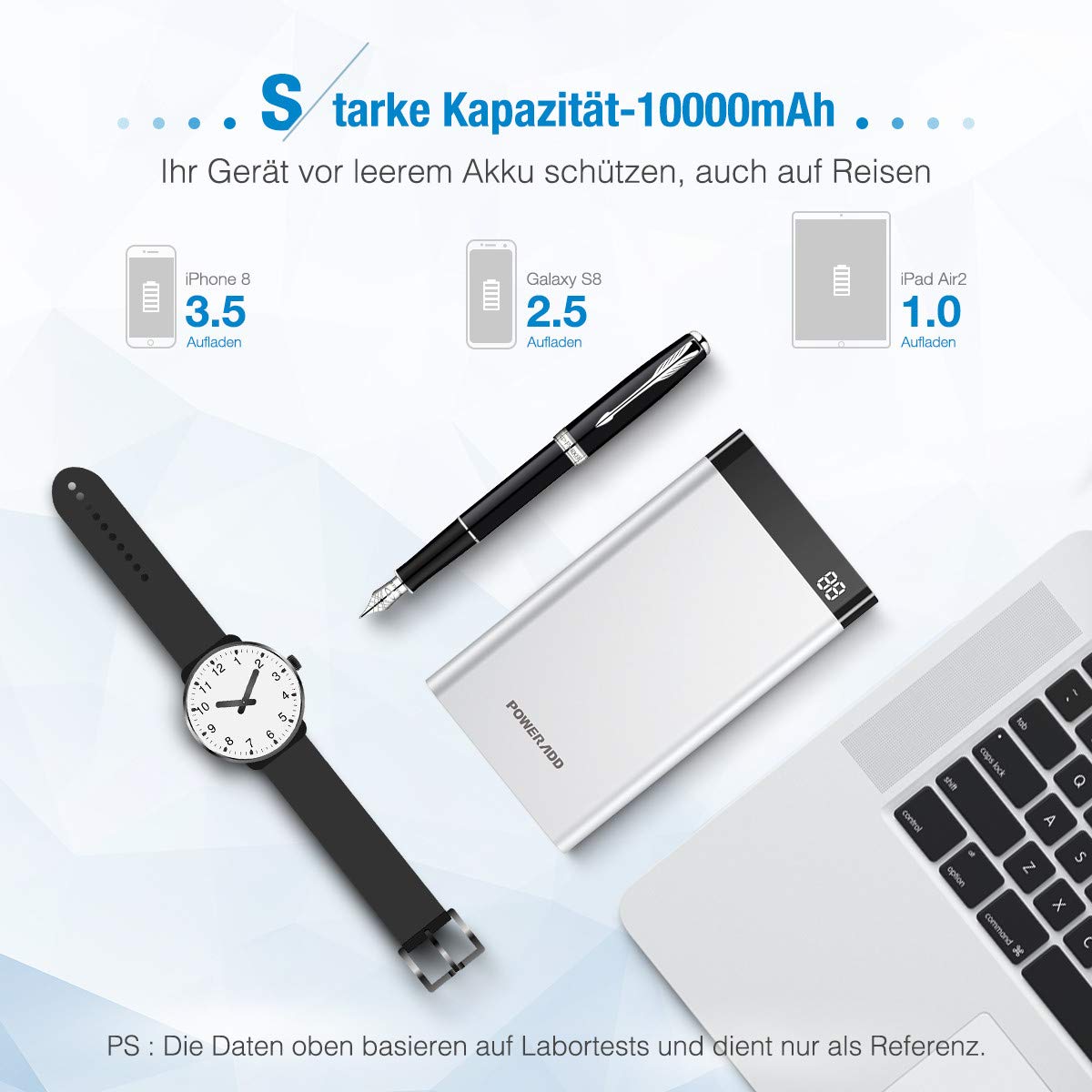 Poweradd VirgoⅡ Powerbank 10000mAh, Externer Akku mit LED Digitalanzeige , 1 USB C ( Input / Output ) Port , 1 Lightning Input und 1 USB Output , superschnelles Laden für iPhone X / 8 / 7 / 6s , Huawei mate 9 , mate 10 , P9 , P10 , P20 , Sa