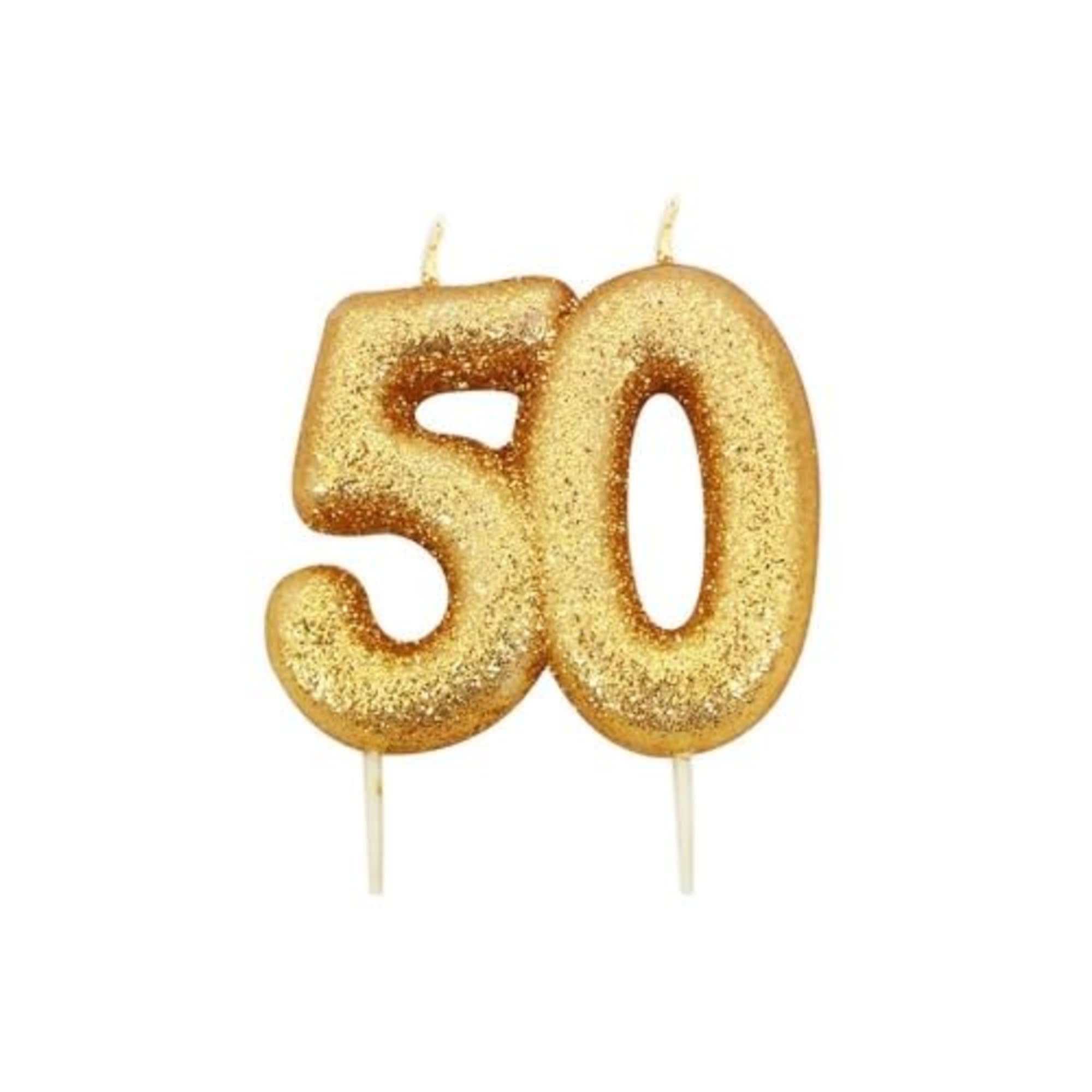 Anniversary House Elegant Gold Glitter 50th Birthday Candle - Premium Wax Number 50 Cake Topper for Anniversary, Party Decor & Milestone Celebrations - Shiny Metallic Sparkle Finish, 7cm Large
