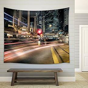 Futuristic Night Cityscape View with Illuminated Skyscrapers - Fabric Wall Tapestry Home Decor - 51x60 inches