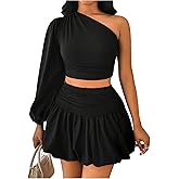 SweatyRocks Women's 2 Piece Outfits One Shoulder Long Sleeve Crop Top and Ruched Bubble Skirt Set