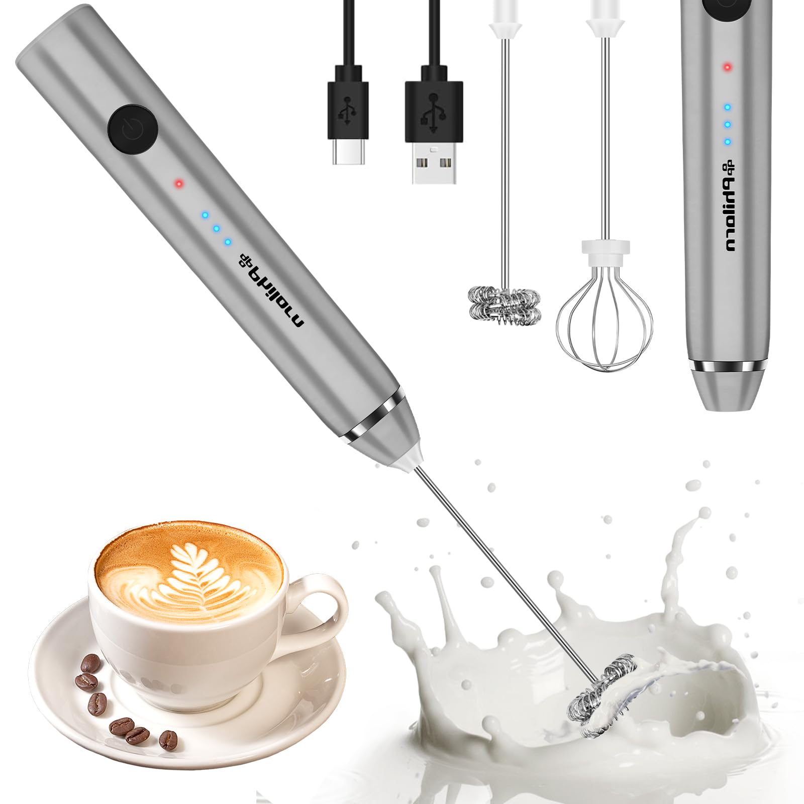 PHILORN Electric Milk Frother, Double Whisk 3 Speed USB Rechargeable Milk Frother Stick, Manual for Coffee/Latte/Cappuccino/Egg Whipping (Upgrate) (Silver)