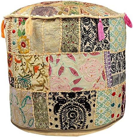 Maniona Crafts Indian Vintage Ottoman Pouf Cover,Patchwork Ottoman, Living Room Patchwork Foot Stool Cover,Decorative Handmade Home Chair Cover 14x22x22 Inch