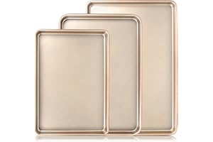DEEDRO Baking Sheet Pan Set of 3, Commercial Cookie Sheets for Baking, Nonstick Half/Quarter/Jelly Roll Pans Replacement Toaster Oven Tray, Heavy Duty & Easy Clean, Champagne Gold