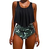 OMKAGI Women's Palm Leaf Strapless High Cut Bikini Set Bathing Suit