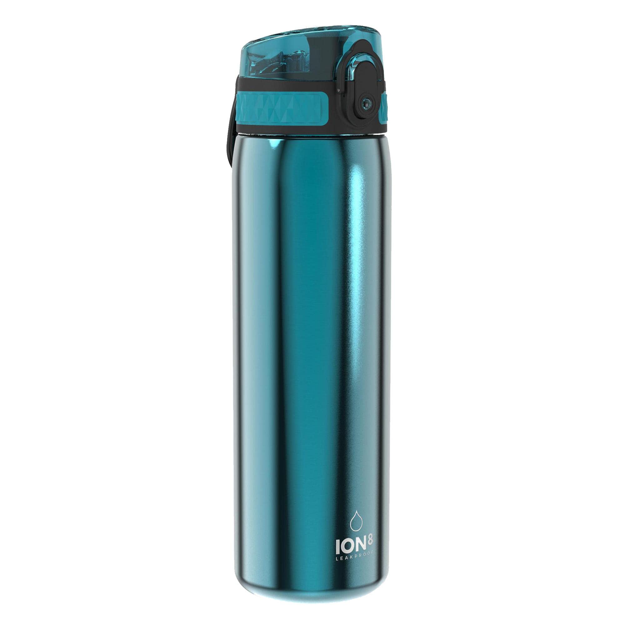 Ion8 Lightweight Steel Water Bottle, 600ml/20oz, Non-Insulated, Leak Proof, Easy to Open, Secure Lock, Dishwasher Safe, Flip Cover, Fits Cup Holders, Carry Handle, Metal Water Bottle, Metallic Aqua