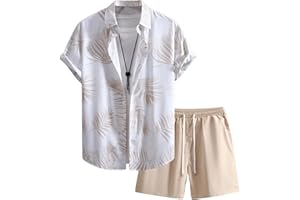 GORGLITTER Men's 2 Piece Outfits Floral Short Sleeve Button Down Shirt with Drawstring Waist Shorts Set