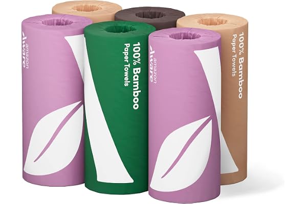 Amazon Aware Bamboo Paper Towels, 6 Rolls, 2 ply, FSC Certified, 150 Sheets, 900 Count, Plastic-Free, Multicolor