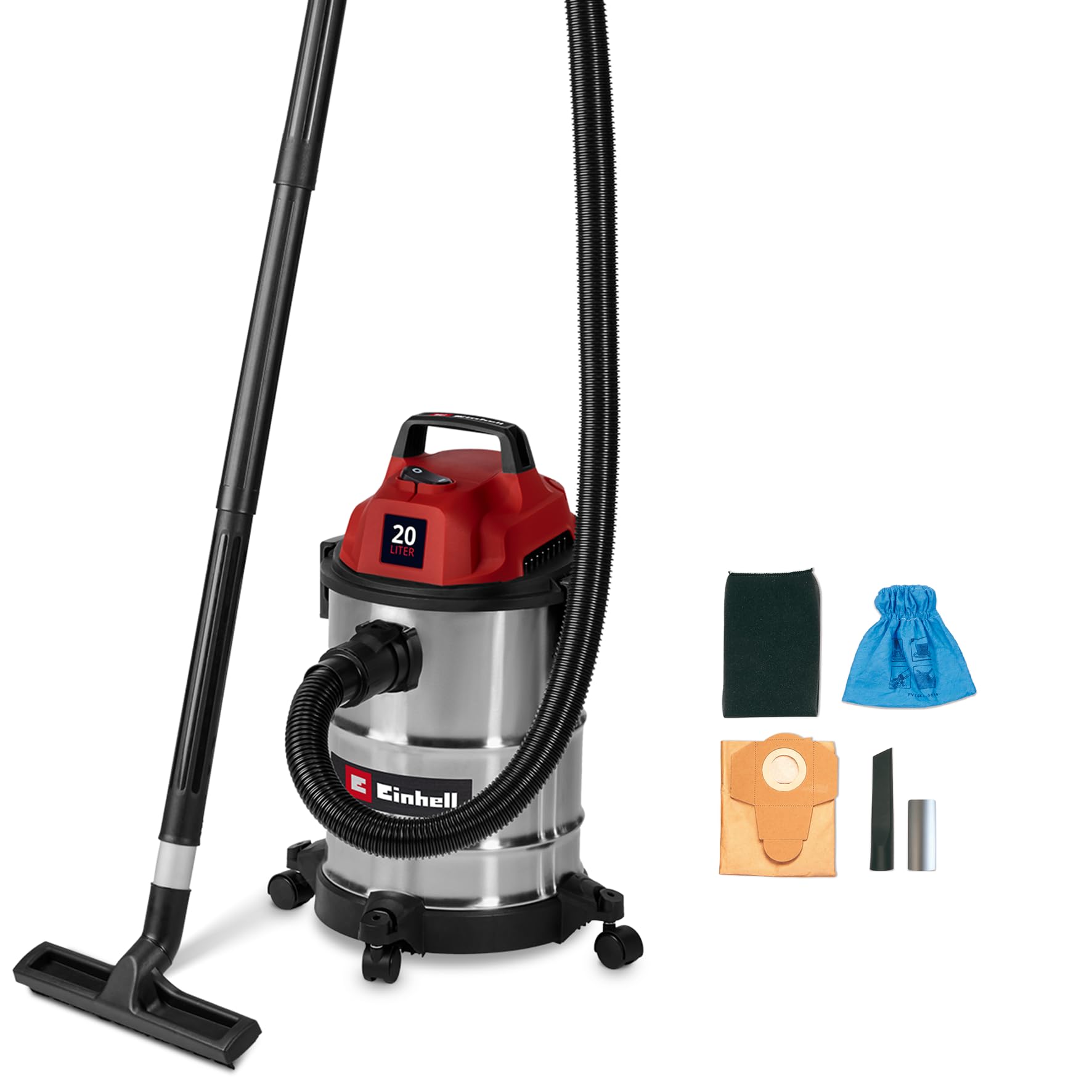 Einhell Nass-Trockensauger TC-VC 2045 S (900 W, 180 mbar Saugleistung, 20 L Edelstahlbehälter, Rollen, Zubehörhalterung, inkl. div. Filter und Düsen)
