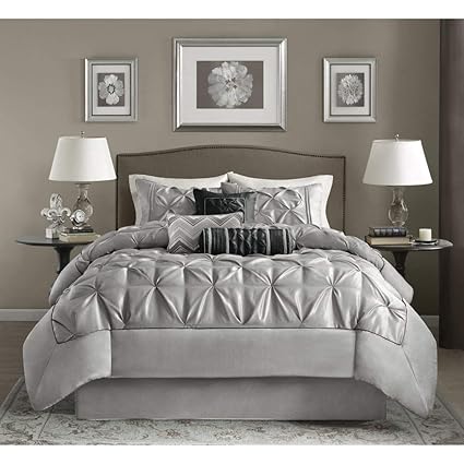 Amazon Com 7pc Grey Pinch Pleated Diamond Tufted Comforter Cal