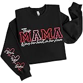 Custom This Mama Wears Her Heart on Her Sleeve Sweatshirt, Mama Shirt with Kid Names, Mom Gifts for Mothers Day Christmas