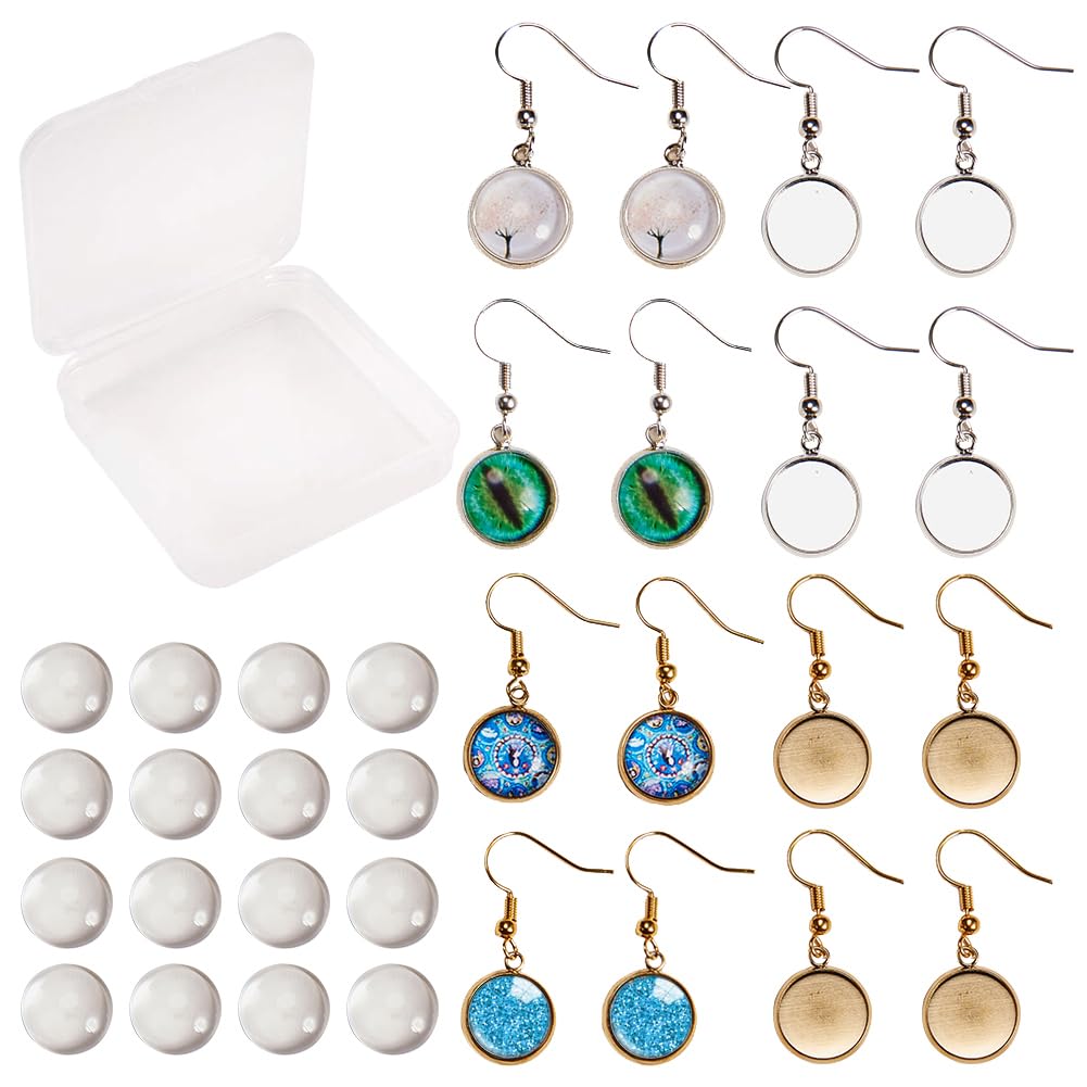 SUNNYCLUE 1 Box 80pcs Cabochon Earrings Making Kit 40pcs Earring Bezel Earring Settings with 40pcs 12mm Clear Glass Cabochons, Earring Hooks(Dangle Earrings, Gold & Silver)