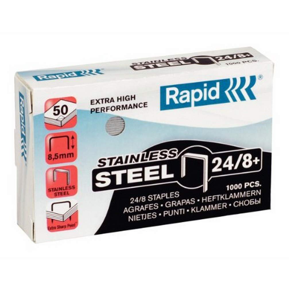 Rapid 24/8mm Super Strong Staples, Stainless Steel, 1000/Box, For 50 Sheets, Grey