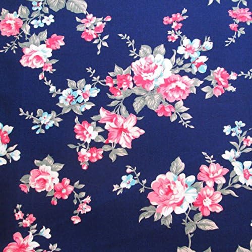 English Rose in The Garden Vintage with Pink Red Rose Bouquet on Dark Blue Fabric 36 by 36-Inch Wide (1 Yard) (CT705)