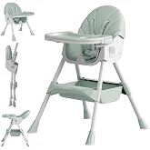 Baby High Chair, 5 in 1 High Chairs for Babies and Toddlers, Travel Foldable High Chair with Detachable PU Cushion, Double Removable Tray, Adjustable Height &amp; Recline (Turquoise)