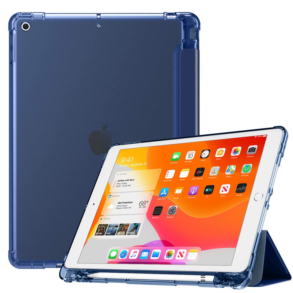 Visaccy Case Compatible with iPad 9th Generation 2021 10.2 Inch / 8th 2020 / 7th 2019 with Pen Holder [Auto Wake/Sleep] Semi-Transparent Soft TPU Case, Navy