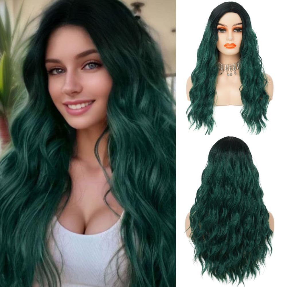 Siudus Green Wig Long Curly Wavy Wigs for Women Synthetic Black to Green Natural Hair Wig for Halloween Cosplay Party