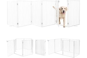 Metal Freestanding Dog Gates with Door,Extra Wide 24", 32" Height Foldable Dog Fence for Indoor & Outdoor, Heavy Duty Freesta